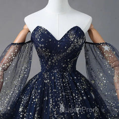 Navy Blue Tulle A-Line Long Party Dresses Evening Dresses, Navy Blue Long Evening Prom Dresses