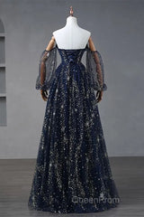 Navy Blue Tulle A-Line Long Party Dresses Evening Dresses, Navy Blue Long Evening Prom Dresses