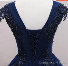 Navy Blue Tulle Beaded Knee Length Cap Sleeves Prom Dress, Blue Homecoming Dress