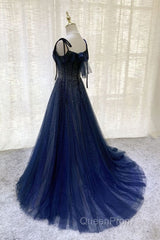 Navy Blue Tulle Beaded Long Evening Prom Dresses Evening Dresses