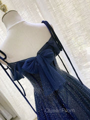 Navy Blue Tulle Beaded Long Evening Prom Dresses Evening Dresses