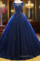 Navy Blue Tulle Cap Sleeves Quinceanera Dresses, Blue Beaded Ball Gown Party Dresses