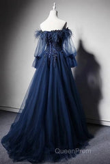 Navy Blue Tulle Lace Beading Off-Shoulder Formal Evening Dresses Evening Prom Dresses