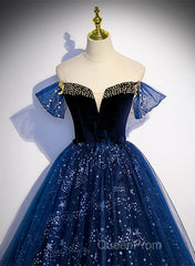 Navy Blue Tulle Off Shoulder Beaded Long Party Dresses, Navy Blue Tulle Evening Prom Dresses