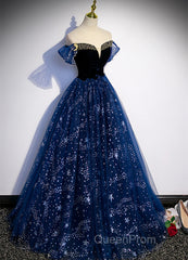 Navy Blue Tulle Off Shoulder Beaded Long Party Dresses, Navy Blue Tulle Evening Prom Dresses