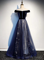 Navy Blue Tulle Off Shoulder Velvet Top Long Party Dress, Blue Evening Dress Prom Dress