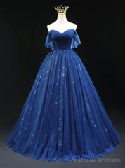 Navy Blue Tulle Off the Shoulder Pleats Prom Dress