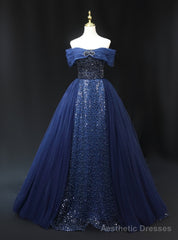 Navy Blue Tulle Sequins Off the Shoulder Beading Prom Dress