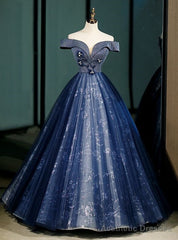 Navy Blue Tulle Sequins Off the Shoulder Beading Quinceanera Dress