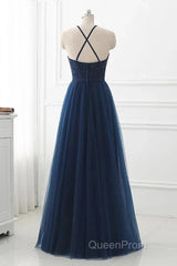 Navy Blue Tulle With Lace Applique Long Party Dresses Evening Prom Dresses Sleeveless Elegant