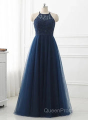 Navy Blue Tulle With Lace Applique Long Party Dresses Evening Prom Dresses Sleeveless Elegant