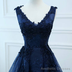 Navy Blue V-neckline Lace Long Party Dress with Flowers, Blue V-neckline Prom Dress