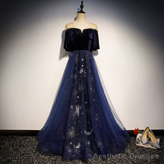Navy Blue Velvet and Tulle Long Party Dress A-line Blue Evening Dress prom dresses shops