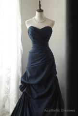 Navy Blue Vintage Style Taffeta Long Prom Dress, Navy Blue Party Dress