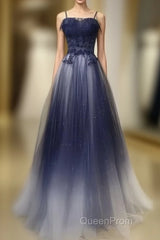 Navy Gradient A Line Tulle Long Formal Evening Prom Dresses