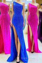 One Shoulder Mermaid Royal Blue Long Formal Dresses