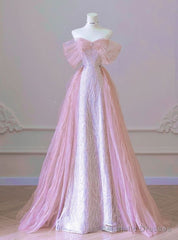 New Arrival A line Off The Shoulder Short Sleeves Pleated Sequin Pink Floor Length Prom Dresses