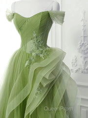New Arrival A-Line Tulle Lace Green Long Evening Prom Dresses, Green Lace Long Formal Dresses