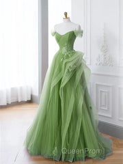 New Arrival A-Line Tulle Lace Green Long Evening Prom Dresses, Green Lace Long Formal Dresses