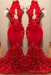 New Arrival Red Keyhole Mermaid Flowers Halter Sleeveless Long Prom Dresses