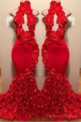 New Arrival Red Keyhole Mermaid Flowers Halter Sleeveless Long Prom Dresses