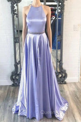 New Brand Lavender Satin A Line O Neck Long Evening Prom Dresses, Party Dresses
