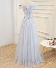 Gray A Line Off Shoulder Floor Length Evening Prom Dresses, Lace Evening Dresses