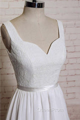 Noble A-Line Shoulder Strap With Chiffon Patch Flower Dew Back And Ground Length Wedding Dresses