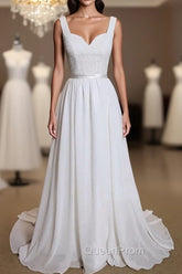Noble A-Line Shoulder Strap With Chiffon Patch Flower Dew Back And Ground Length Wedding Dresses
