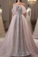 Noble And Charming Dark Pink Beaded Sequins Off The Shoulder Short Sleeved Ball Dresses, Dark Pink A-Shaped Princess Backless Strap And Ground Length Evening Dresses