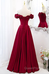 Noble And Elegant Wine Red Sleeveless Off Shoulder Beaded Ball Dresses With Wine Red A-Shaped Backless Strap And Ground Length Ruffled Hem Evening Prom Dresses