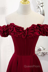 Noble And Elegant Wine Red Sleeveless Off Shoulder Beaded Ball Dresses With Wine Red A-Shaped Backless Strap And Ground Length Ruffled Hem Evening Prom Dresses