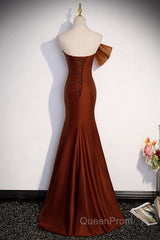 Noble And Unique Chocolate Sleeveless Evening Prom Dresses Chocolate Mermaid Strapless Tulle Butterfly Knot Dew Back Strap Long And Floor Evening Dresses