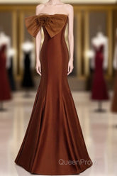 Noble And Unique Chocolate Sleeveless Evening Prom Dresses Chocolate Mermaid Strapless Tulle Butterfly Knot Dew Back Strap Long And Floor Evening Dresses