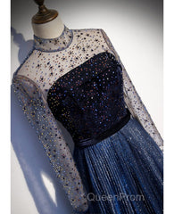 Noble Navy Blue Perspective High Neck Long Sleeved Water Diamond Sequin Ball Dresses Navy Blue A-Line Princess Sparkling Backless Tulle Sweeping Tail Ruffle Edge Evening Dresses