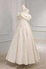 Off Shoulder A-Line Satin Beige Long Evening Prom Dresses, Beige Long Formal Dresses