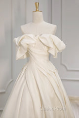 Off Shoulder A-Line Satin Beige Long Evening Prom Dresses, Beige Long Formal Dresses