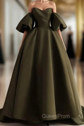 Off Shoulder A-Line Satin Green Long Party Dresses, Green Evening Dresses Evening Prom Dresses