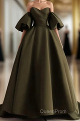 Off Shoulder A-Line Satin Green Long Party Dresses, Green Evening Dresses Evening Prom Dresses