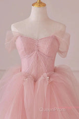 Off Shoulder Beading Pink Tulle Princess Evening Prom Dresses