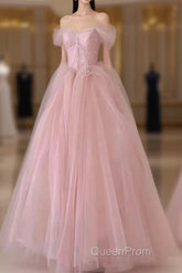 Off Shoulder Beading Pink Tulle Princess Evening Prom Dresses