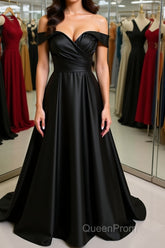 Off Shoulder Black Satin Long Evening Prom Dresses, Long Black Formal Graduation Evening Dresses