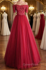 Off Shoulder Burgundy Lace Long Evening Prom Dresses, Burgundy Lace Formal Dresses, Burgundy Evening Dresses