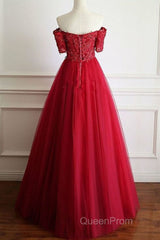 Off Shoulder Burgundy Lace Long Evening Prom Dresses, Burgundy Lace Formal Dresses, Burgundy Evening Dresses
