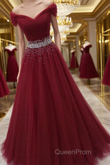 Off Shoulder Burgundy Tulle Long Evening Prom Dresses with Sequins, Burgundy Tulle Formal Evening Dresses