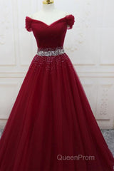 Off Shoulder Burgundy Tulle Long Evening Prom Dresses with Sequins, Burgundy Tulle Formal Evening Dresses