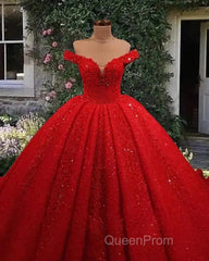 Off Shoulder Glitter Ball Gown Wedding Dresses Red Sequin Bridal Wear