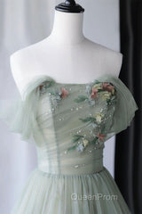 Off Shoulder Green Tulle Floral Long Evening Prom Dresses, Off the Shoulder Green Formal Evening Dresses with 3D Flowers