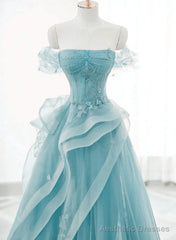 Off Shoulder Lace-up Formal Dress,Blue Birthday Dress Pretty Prom Dress