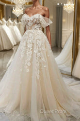 Off Shoulder Light Champagne Tulle Lace Long Evening Prom Dresses, Light Champagne Lace Formal Evening Dresses